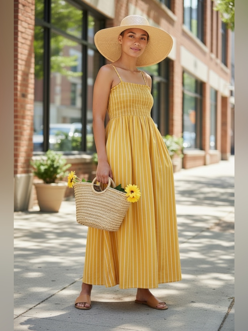 Faithfull the Brand Yellow Striped Smocked Midi Dress Size 6 100% Poplin Cotton
